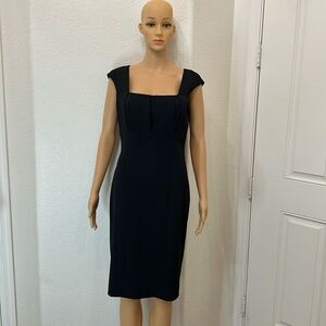 Calvin Klein Dress Sz 8 Black Square Neck Pleated Bust Capped Sleeve Sheath Midi